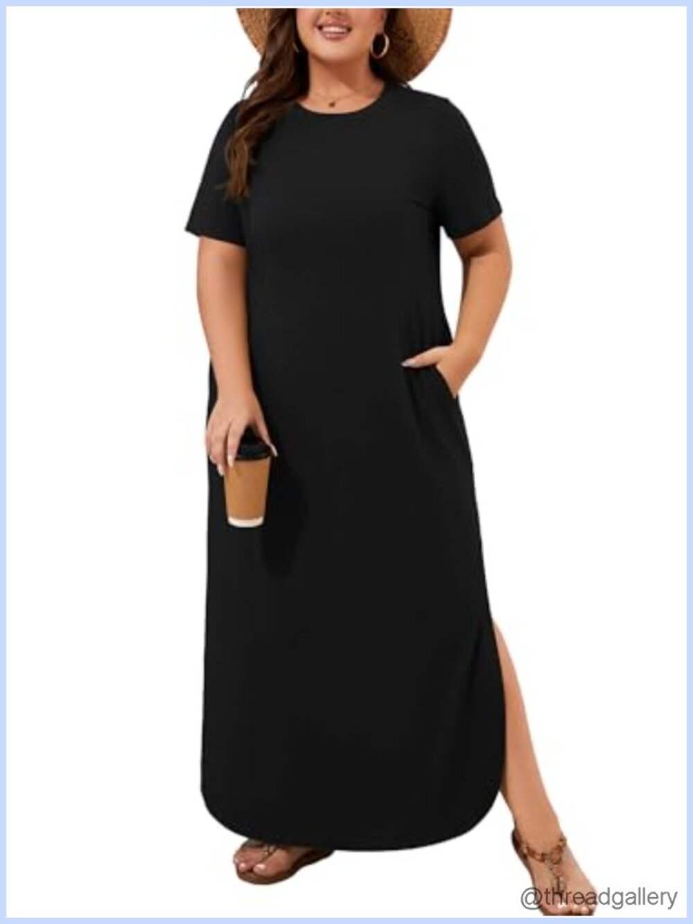 Plus Size Maxi Dress Short Sleeve Crew Neck Flowy Summer Sundress with Pockets